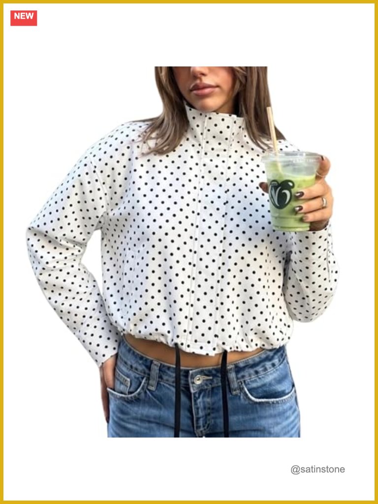 Cropped Zip Up Jacket With Drawstring, Lightweight Casual Polka Dot Jacket